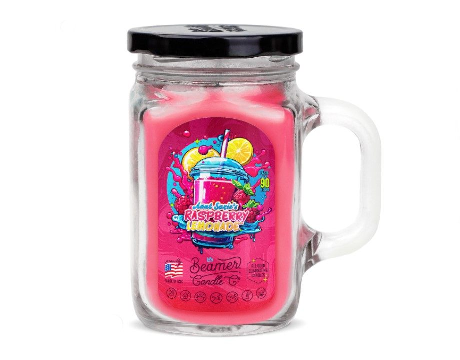 Smoke Killer illatgyertya üvegedényben, füllel és fém kupakkal – Raspberry Lemonade - nagy